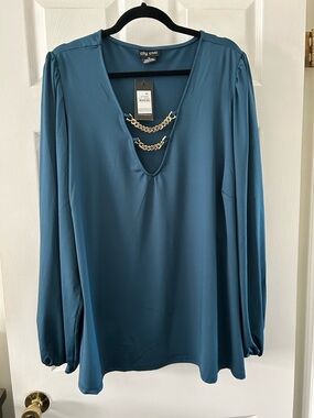 City Chic Teal V-Neck Blouse with Gold Chain Accents